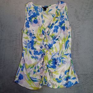St. John Womens Silk Tank Top‎ Sz 6 Floral Botanical Silk Stretch Ruffle Neck